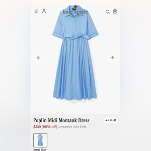 Kate Spade Blue Midi Dress with Pleated Skirt and Cuffed Sleeves
